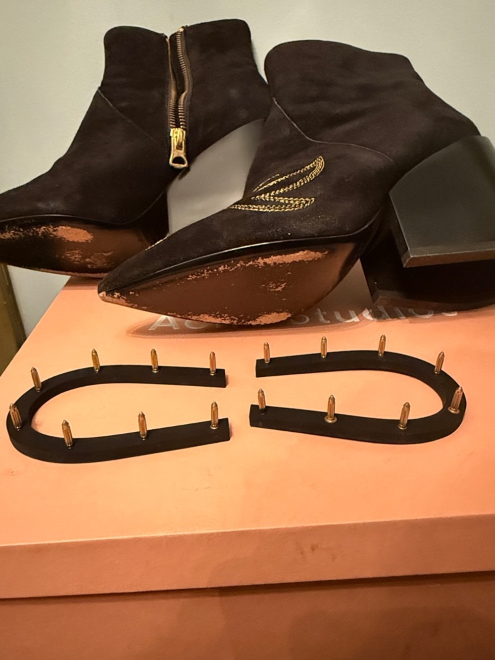Acne Black Suede Pointed Ankle Boots with Gold Embroidery - Picture 4 of 5